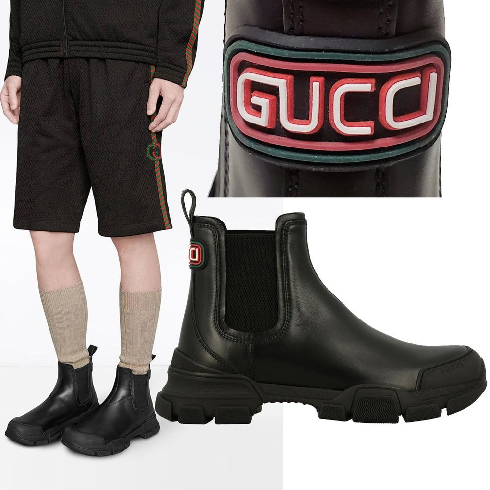 GUCCI MENS BOOTS LEON ANKLE CHELSEA LOGO BACK BLACK LEATHER sz 9G 9.5 US